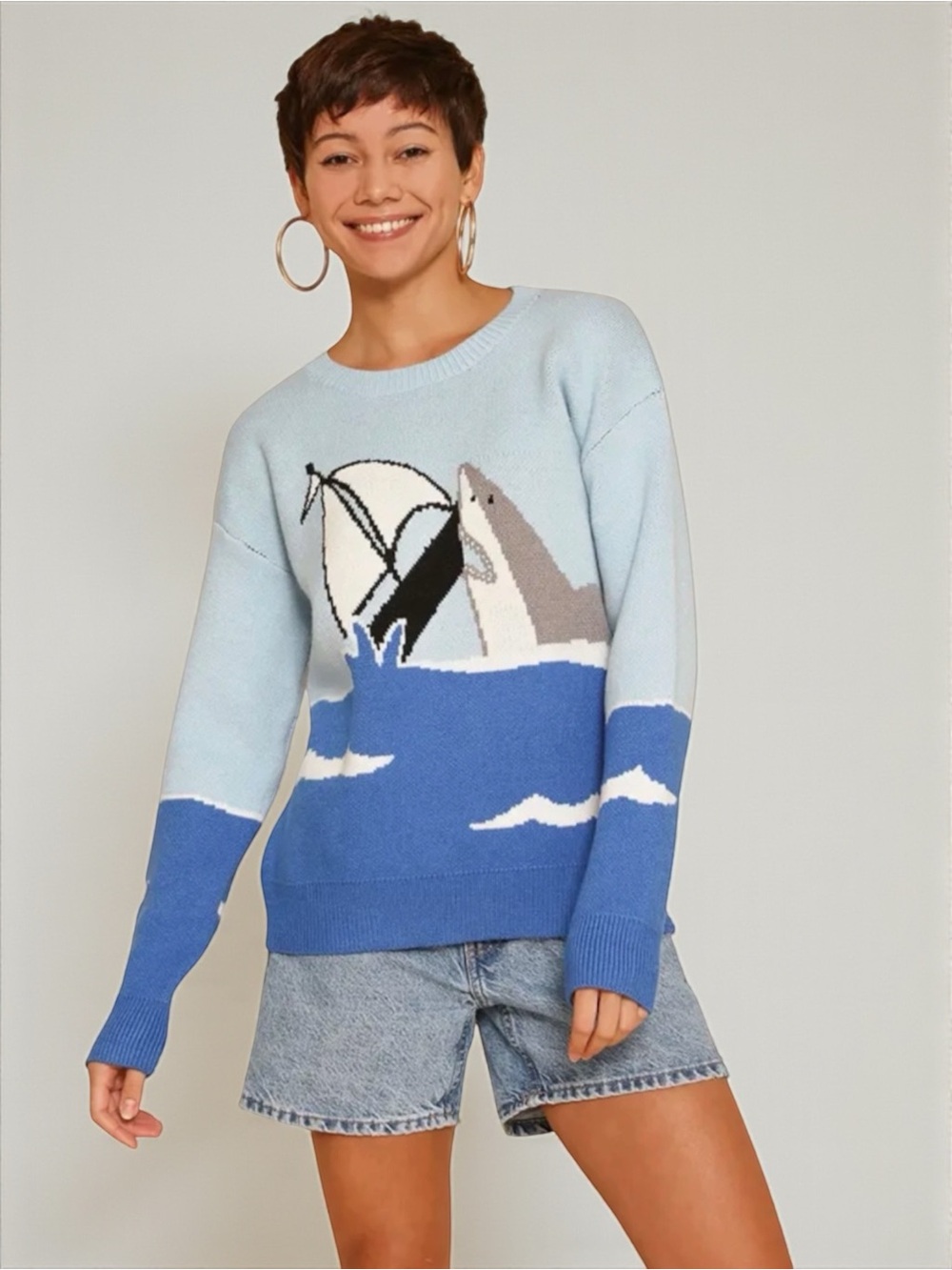 Shark Graphic Knit Sweater NWT Medium Coastal Beach Miss Sparkling - Picture 2 of 5